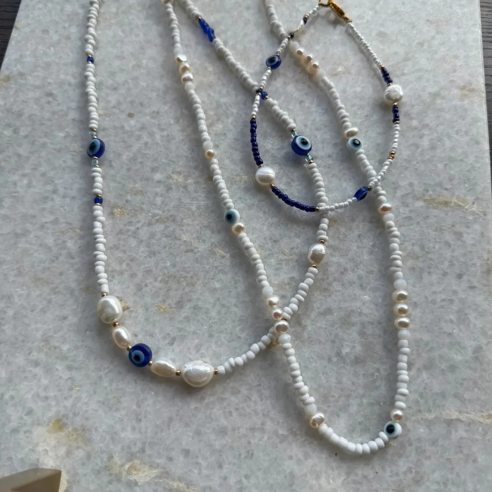 Evil Eye Freshwater Pearl Necklace & Anklet Bundle | Crystal | 3 Piece Set - Picture 4 of 7